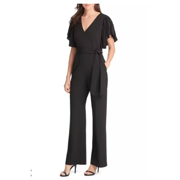 Eliza J Pants - Eliza J Pleated Flutter Sleeve Belted V‎ Neck Jumpsuit Black 14 Party Wedding